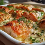 ['Close-up side view of a creamy Lachs-Sahne-Gratin with visible salmon and herbs.', 'A tantalizing Lachs-Sahne-Gratin served in a dish, showcasing layers of salmon and sauce.', 'Detailed side view of baked Lachs-Sahne-Gratin, highlighting its golden top and rich texture.', 'Juicy Lachs-Sahne-Gratin featuring salmon fillets and creamy sauce, presented elegantly.']