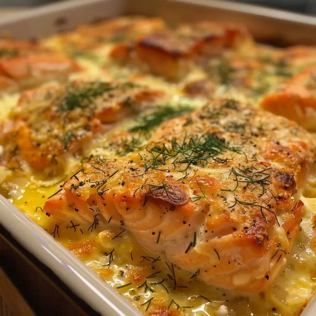 ['Close-up side view of a creamy Lachs-Sahne-Gratin with visible salmon and herbs.', 'A tantalizing Lachs-Sahne-Gratin served in a dish, showcasing layers of salmon and sauce.', 'Detailed side view of baked Lachs-Sahne-Gratin, highlighting its golden top and rich texture.', 'Juicy Lachs-Sahne-Gratin featuring salmon fillets and creamy sauce, presented elegantly.']