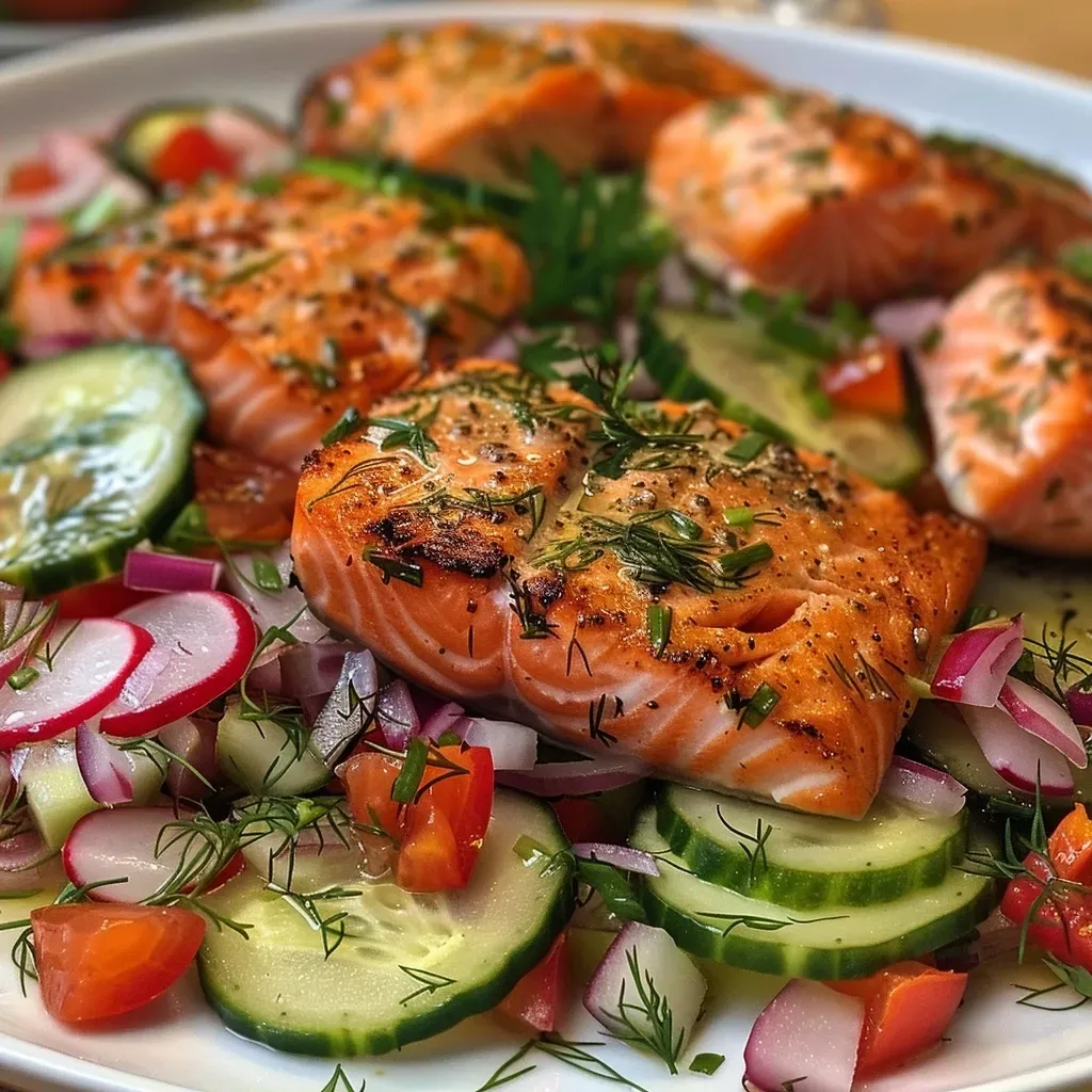 Close-up view of a vibrant salmon salad with diced red onions and fresh herbs.