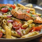 ['Close-up view of a vibrant Lemon Salmon Pasta Salad with colorful ingredients.', 'Side angle of a delicious Lemon Salmon Pasta Salad featuring salmon, pasta, and fresh vegetables.', 'Juicy Lemon Salmon Pasta Salad displayed with cherry tomatoes and basil.', 'Detailed close-up of a Lemon Salmon Pasta Salad showcasing textures of pasta and salmon.']