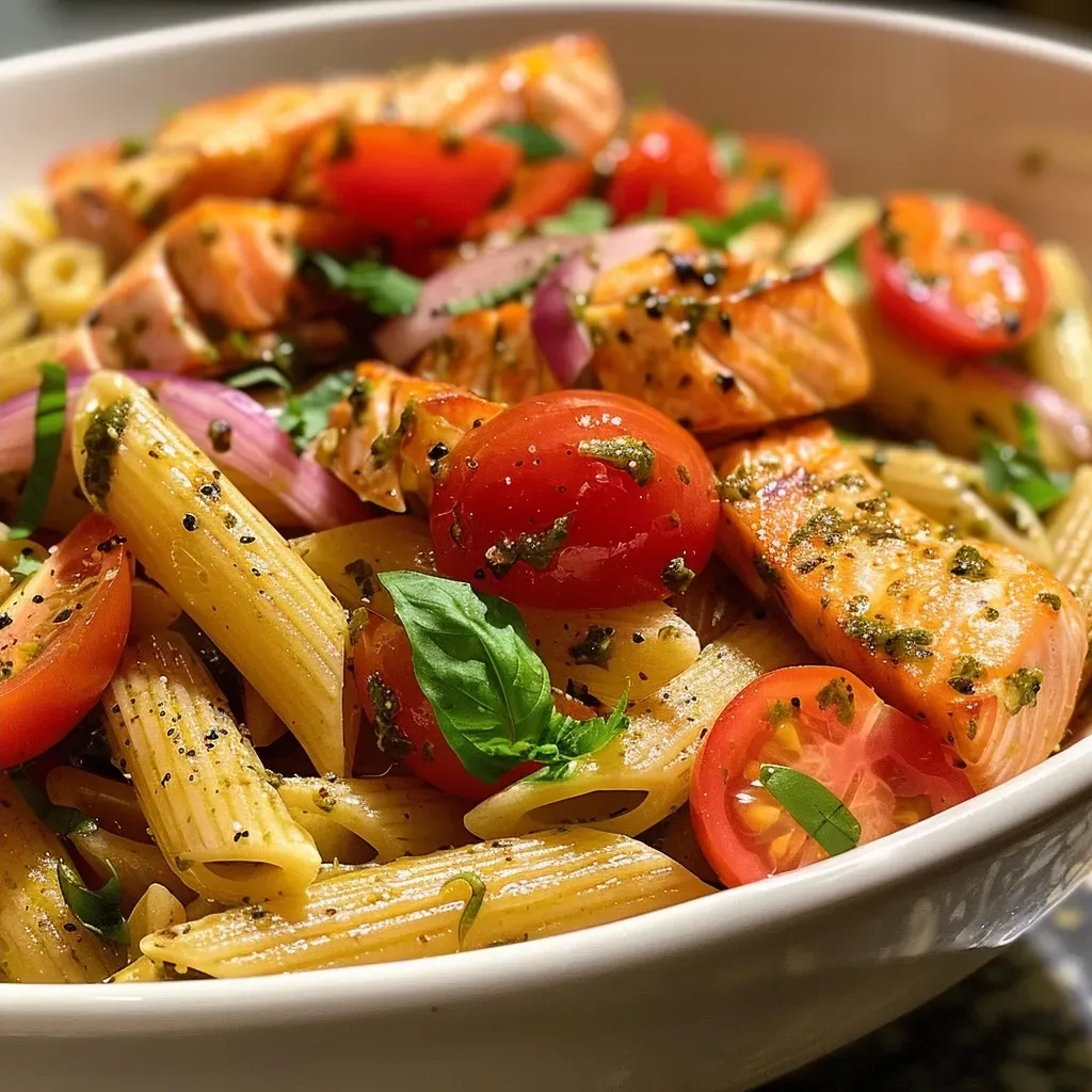 ['Close-up view of a vibrant Lemon Salmon Pasta Salad with colorful ingredients.', 'Side angle of a delicious Lemon Salmon Pasta Salad featuring salmon, pasta, and fresh vegetables.', 'Juicy Lemon Salmon Pasta Salad displayed with cherry tomatoes and basil.', 'Detailed close-up of a Lemon Salmon Pasta Salad showcasing textures of pasta and salmon.']