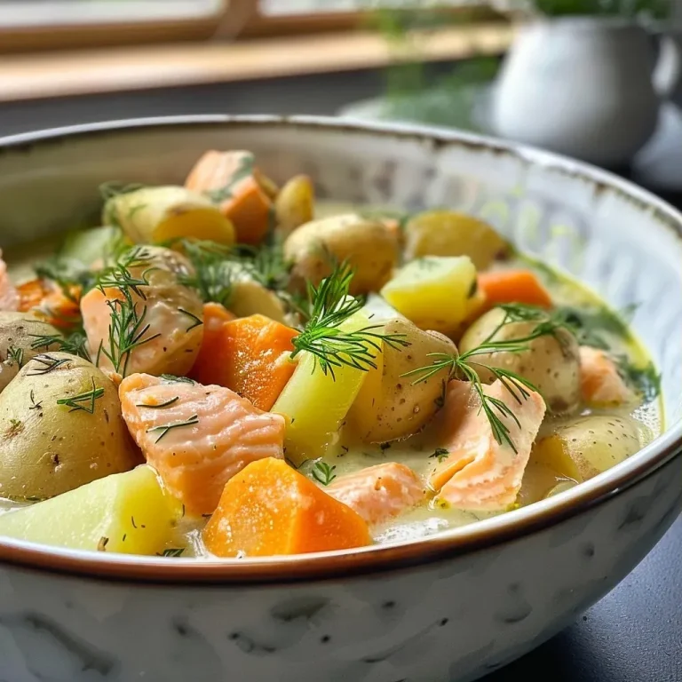 ['A bowl of creamy Finnish salmon soup garnished with fresh dill.', 'Close-up view of a slice of salmon floating in a creamy broth with vegetables.', 'A vibrant serving of Lohikeitto featuring potatoes, carrots, and leeks.', 'A side view of a rustic bowl filled with salmon soup, showcasing its creamy texture.']