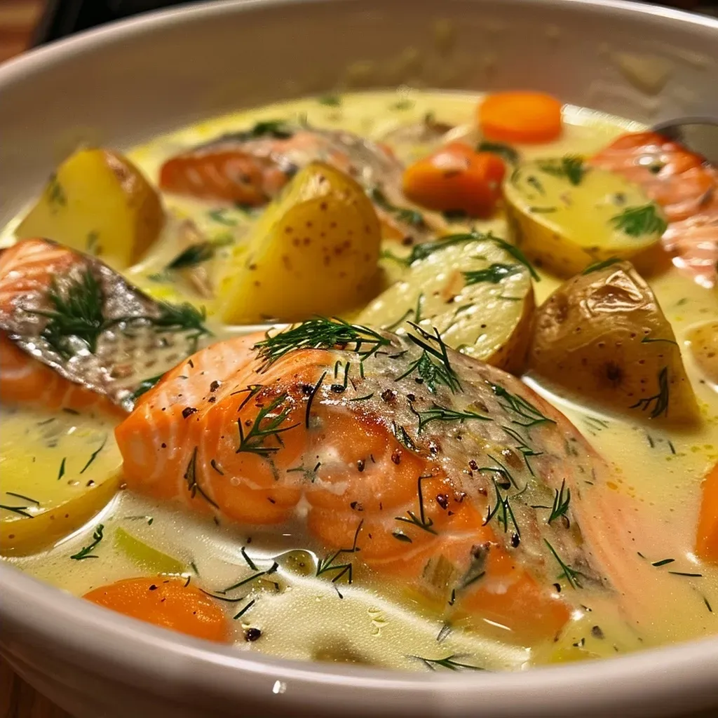 ['A bowl of creamy Finnish salmon soup garnished with fresh dill.', 'Close-up view of a slice of salmon floating in a creamy broth with vegetables.', 'A vibrant serving of Lohikeitto featuring potatoes, carrots, and leeks.', 'A side view of a rustic bowl filled with salmon soup, showcasing its creamy texture.']