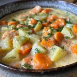 ['A close-up view of Finnish salmon soup with vegetables and cream.', 'A side view of a bowl filled with Lohikeitto, showcasing salmon and herbs.', 'Detailed image of rich salmon soup, highlighting chunks of fish and vibrant vegetables.', 'A vibrant bowl of salmon soup garnished with fresh dill, emphasizing its creamy texture.']
