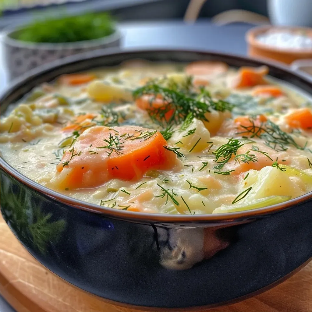 ['A close-up view of Finnish salmon soup with vegetables and cream.', 'A side view of a bowl filled with Lohikeitto, showcasing salmon and herbs.', 'Detailed image of rich salmon soup, highlighting chunks of fish and vibrant vegetables.', 'A vibrant bowl of salmon soup garnished with fresh dill, emphasizing its creamy texture.']