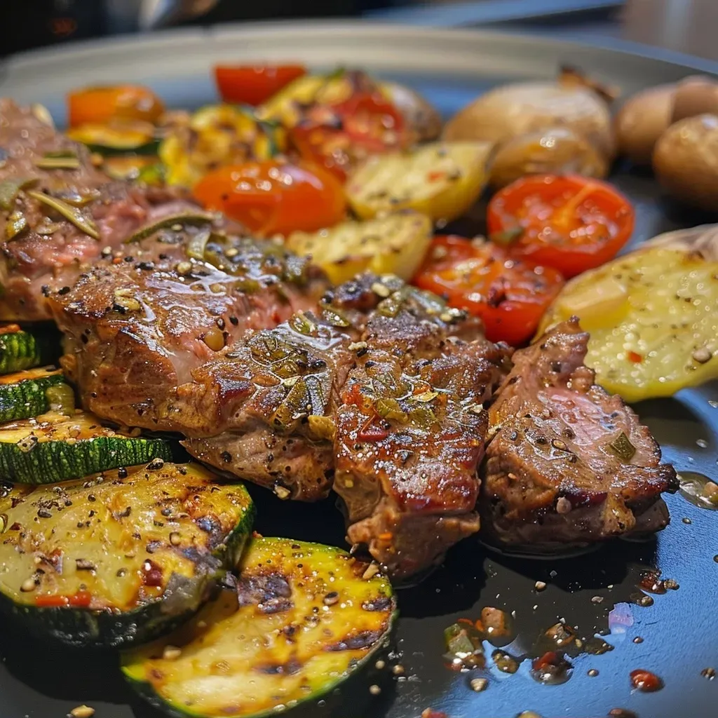 Close-up side view of a low carb Hackfleisch-Gemüse-Auflauf with vibrant zucchini and red paprika.