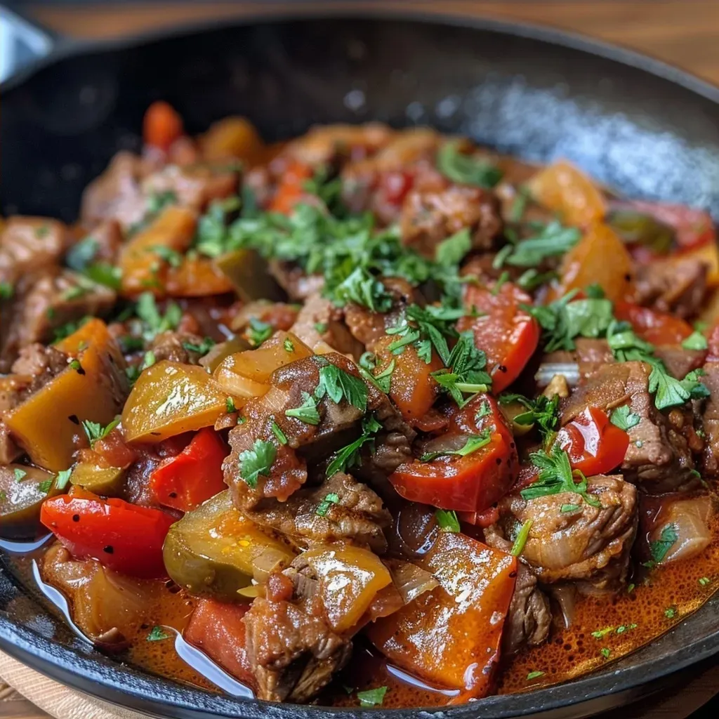 Close-up view of a delicious Mafia Topf with Rinderhackfleisch, featuring vibrant vegetables.
