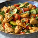 ['A close-up side view of a Moroccan chicken couscous bowl featuring diced chicken, colorful vegetables, and garnished with yogurt and parsley.', 'A vibrant bowl of Moroccan chicken couscous showing chunks of chicken, chopped cucumber, cherry tomatoes, and red onion.', 'A detailed view of a Moroccan couscous bowl with tender chicken pieces, bright vegetables, and creamy yogurt topping.', 'An appetizing close-up of Moroccan chicken couscous, showcasing the spices, fresh ingredients, and colorful presentation.']