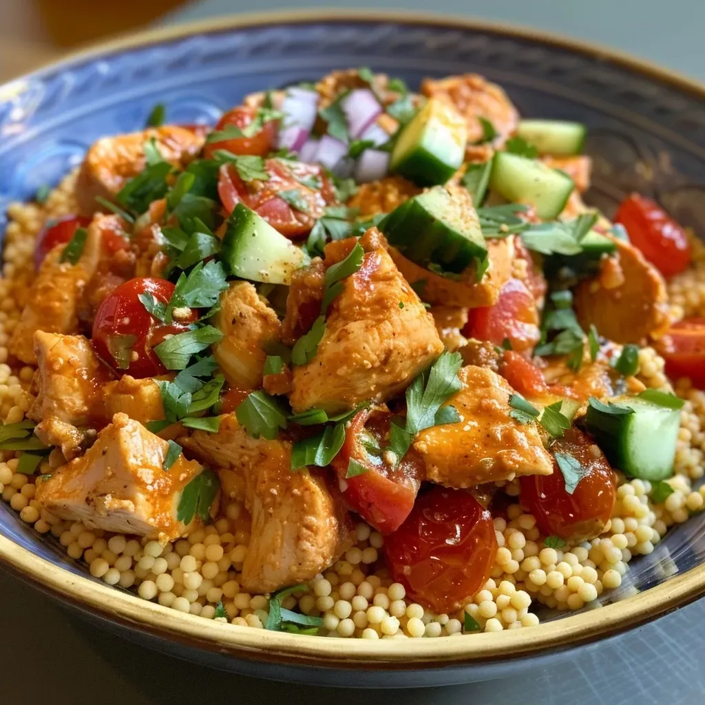 A close-up side view of a Moroccan chicken couscous bowl featuring diced chicken, colorful vegetables, and garnished with yogurt and parsley.