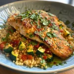 ['Close-up view of a Moroccan chicken couscous bowl with colorful vegetables and herbs.', 'Side angle of a delicious Moroccan chicken couscous dish featuring vibrant ingredients.', 'Juicy chicken and couscous mixed with fresh vegetables in a bowl.', 'Detailed shot of a Moroccan-style bowl with couscous and chicken garnished with parsley.']