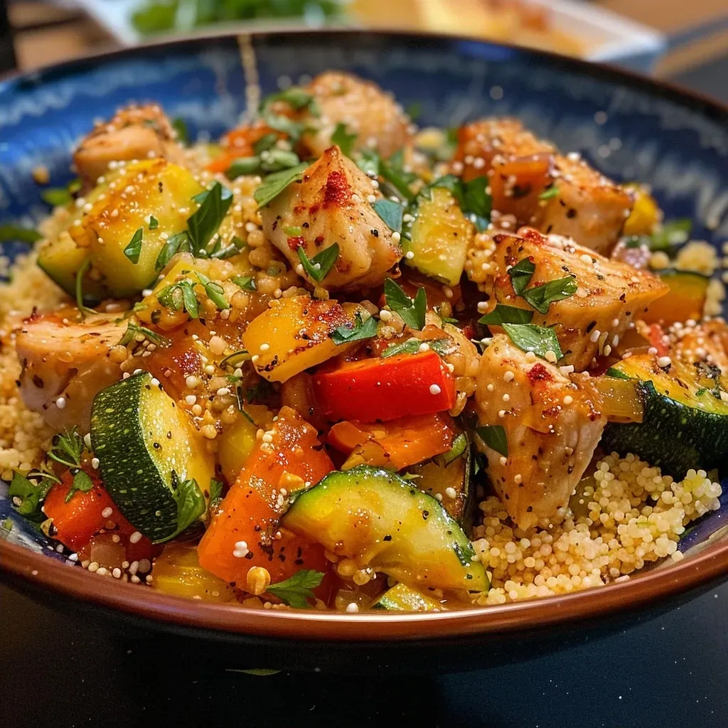 ['Close-up view of a Moroccan chicken couscous bowl with colorful vegetables and herbs.', 'Side angle of a delicious Moroccan chicken couscous dish featuring vibrant ingredients.', 'Juicy chicken and couscous mixed with fresh vegetables in a bowl.', 'Detailed shot of a Moroccan-style bowl with couscous and chicken garnished with parsley.']