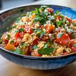 ['A close-up side view of a Moroccan couscous casserole topped with fresh herbs and cheese.', 'Juicy Moroccan couscous bake featuring layers of vegetables and chicken, garnished with mint.', 'Delicious Moroccan couscous dish with vibrant carrots, tomatoes, and a sprinkle of cheese.', 'Vibrant and hearty Moroccan couscous casserole filled with colorful vegetables and spices.']