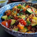 ['Close-up view of a Mediterranean Quinoa Bowl, vibrant vegetables and grains visible.', 'Side view of a colorful Mediterranean Quinoa Bowl filled with fresh ingredients.', 'Detailed shot of a Mediterranean Quinoa Bowl showcasing quinoa, veggies, and toppings.', 'Juicy Mediterranean Quinoa Bowl highlighted with zucchini, peppers, and chickpeas.']