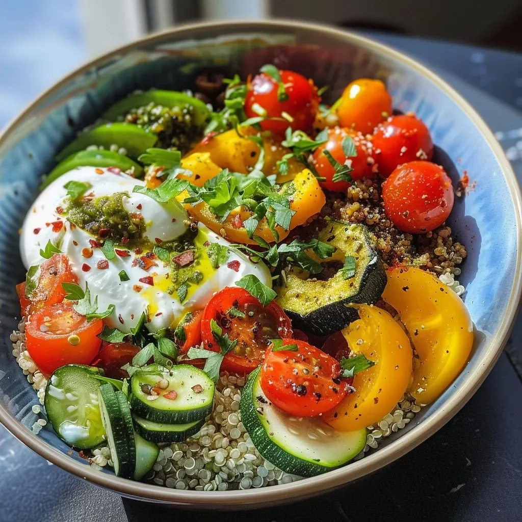['Close-up view of a Mediterranean Quinoa Bowl, vibrant vegetables and grains visible.', 'Side view of a colorful Mediterranean Quinoa Bowl filled with fresh ingredients.', 'Detailed shot of a Mediterranean Quinoa Bowl showcasing quinoa, veggies, and toppings.', 'Juicy Mediterranean Quinoa Bowl highlighted with zucchini, peppers, and chickpeas.']