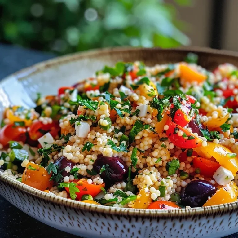 ['Close-up view of a vibrant Mediterranean Couscous Salad featuring colorful peppers, feta cheese, and olives.', 'A delicious Mediterranean Couscous Salad with cherry tomatoes, cucumbers, and herbs, styled appetizingly.', 'Side view of a fresh Couscous Salad, showcasing diced paprika, feta, and a sprinkle of parsley.', 'An appetizing bowl of Mediterranean Couscous Salad, highlighting the mixture of vegetables and feta cheese.']