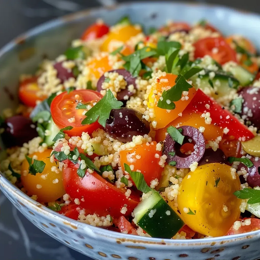 ['Close-up view of a vibrant Mediterranean Couscous Salad featuring colorful peppers, feta cheese, and olives.', 'A delicious Mediterranean Couscous Salad with cherry tomatoes, cucumbers, and herbs, styled appetizingly.', 'Side view of a fresh Couscous Salad, showcasing diced paprika, feta, and a sprinkle of parsley.', 'An appetizing bowl of Mediterranean Couscous Salad, highlighting the mixture of vegetables and feta cheese.']