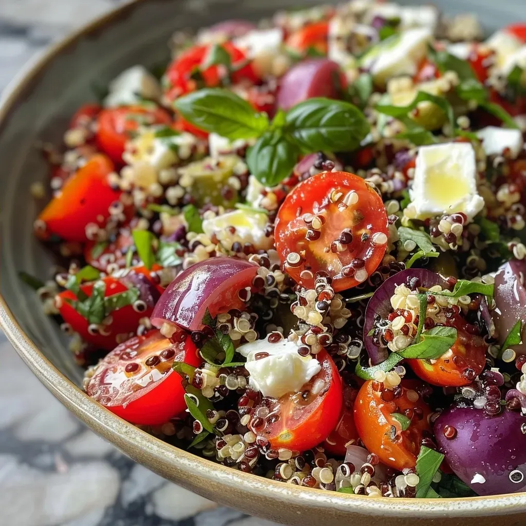 Close-up view of a colorful Mediterranean quinoa salad with tomatoes and feta cheese.