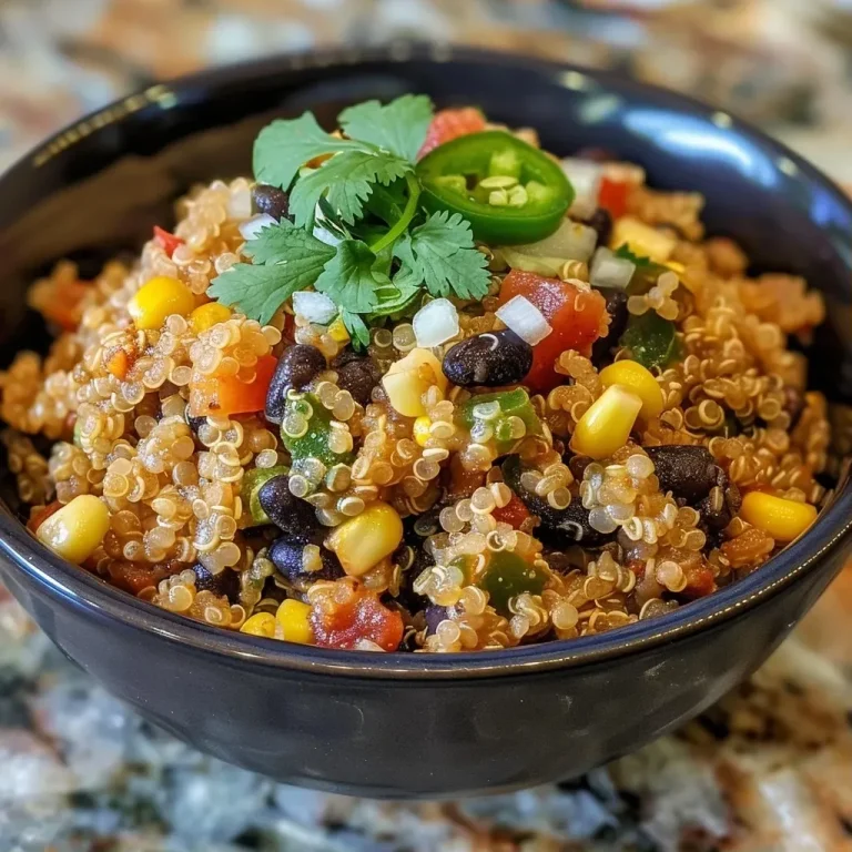 ['Close-up view of a vibrant Mexican quinoa dish in a pan.', 'Juicy and colorful one-pan Mexican quinoa with beans and peppers.', 'A delicious serving of Mexican quinoa with garnished cilantro.', 'Side view of cooked quinoa mixed with vegetables in a frying pan.']