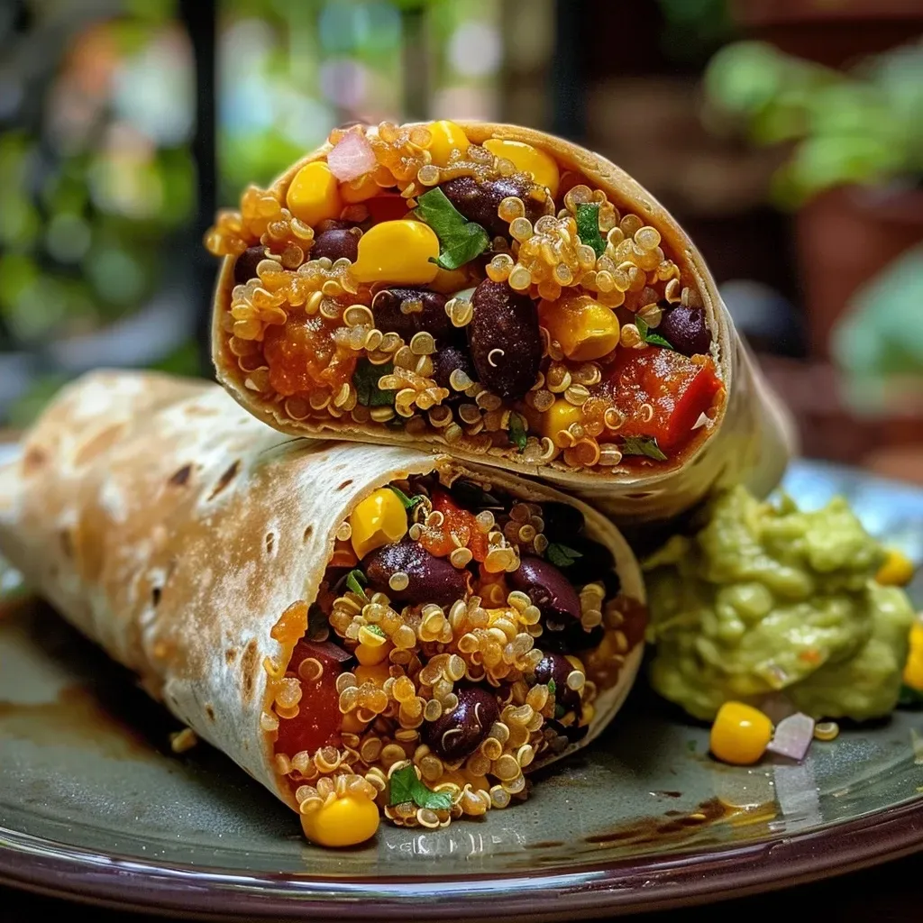 ['Close-up side view of delicious Mexican quinoa wraps filled with colorful ingredients.', 'Juicy quinoa wrap showcasing black beans, corn, and vegetables.', 'Side view of a vibrant Mexican quinoa wrap with fresh toppings.', 'Detailed view of Mexican quinoa wraps highlighting their colorful fillings.']