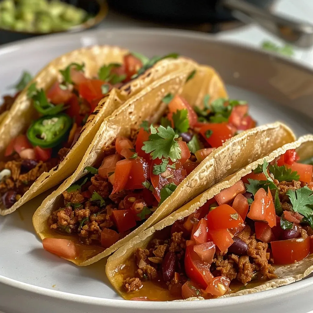 ['Close-up view of stuffed mini tacos with seasoned beef and vibrant toppings.', 'Side angle of delicious mini tacos filled with juicy ground beef and fresh vegetables.', 'A mouthwatering arrangement of mini tacos showcasing beef filling and colorful garnishes.', 'Close-up of mini tacos filled with spiced beef, topped with lettuce and tomatoes.']