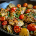 ['Close-up view of a Mediterranean shrimp skillet with lemon-garlic sauce.', 'Juicy, sautéed shrimp in a vibrant mixture of cherry tomatoes and spinach.', 'A delicious plate of shrimp garnished with parsley, set against a colorful background.', 'Side view of a shrimp dish featuring bright cherry tomatoes and fresh herbs.']