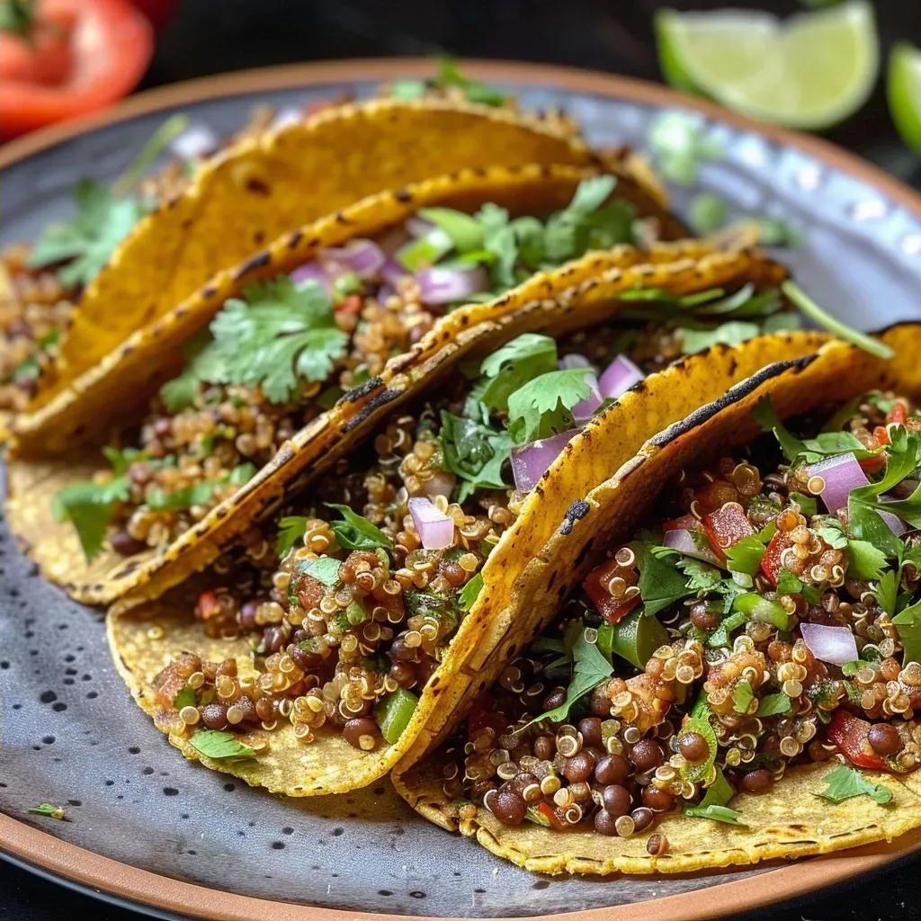 Close-up view of vibrant quinoa lentil tacos filled with fresh ingredients and garnished with cilantro.