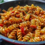 ['Juicy Nudelauflauf featuring colorful paprika, captured from a side view.', 'Close-up of a creamy pasta bake with bell peppers, showing golden cheese on top.', 'Side view of a delicious baked pasta dish, highlighting mixed bell peppers and herbs.', 'Nudelauflauf with vibrant red, yellow, and green peppers, presented in an inviting manner.']