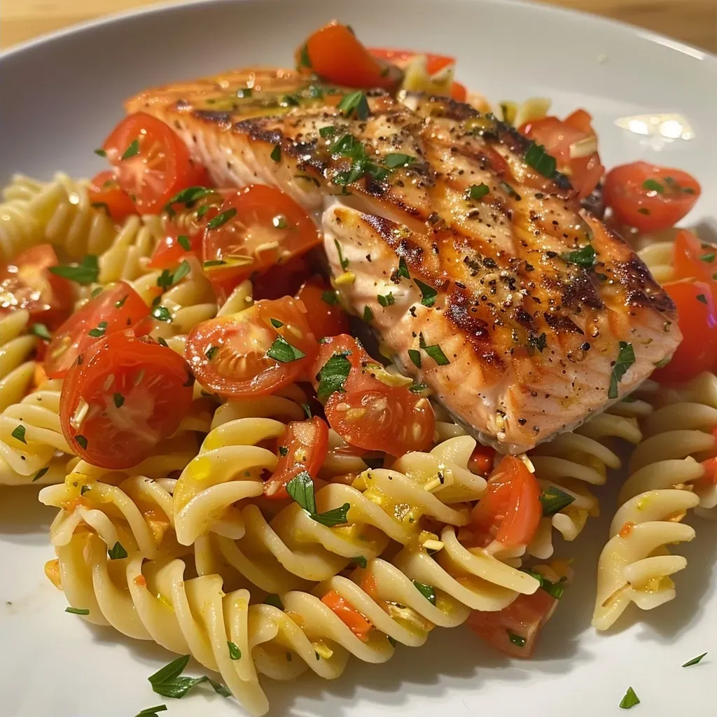 Close-up view of creamy salmon pasta with cherry tomatoes and herbs.