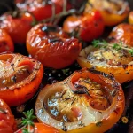['Close-up view of roasted tomatoes with garlic on a plate.', 'Side view of juicy oven-roasted tomatoes garnished with garlic.', 'Fresh Strauchtomaten drizzled with olive oil and garlic.', 'Deliciously roasted tomatoes with cloves of garlic displayed attractively.']