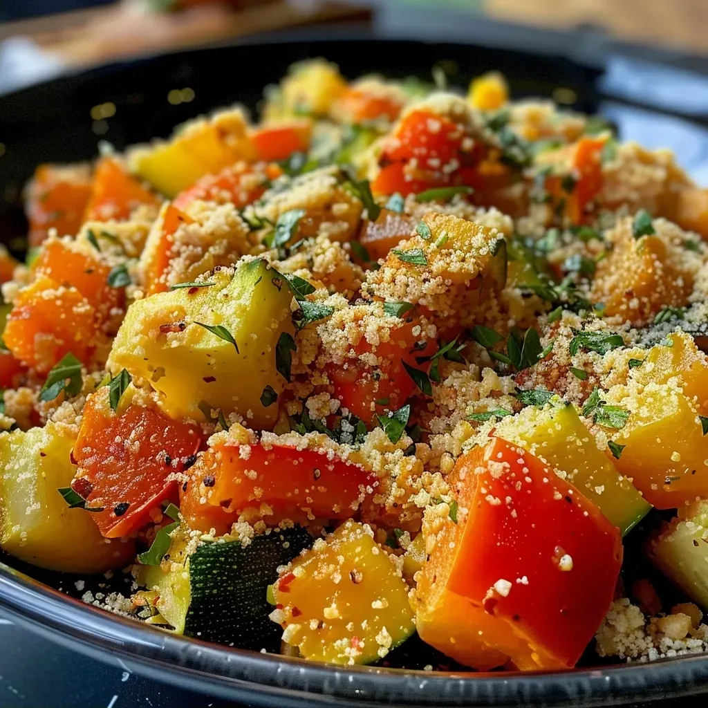 ['Close-up side view of a baked dish with couscous, zucchini, peppers, and feta.', 'Juicy, colorful oven-baked casserole featuring couscous and fresh vegetables.', 'Delicious servings of baked couscous with diced zucchini, red and yellow peppers, and crumbled feta.', 'Hearty oven dish showcasing couscous mixed with zucchini, paprika, and feta cheese.']