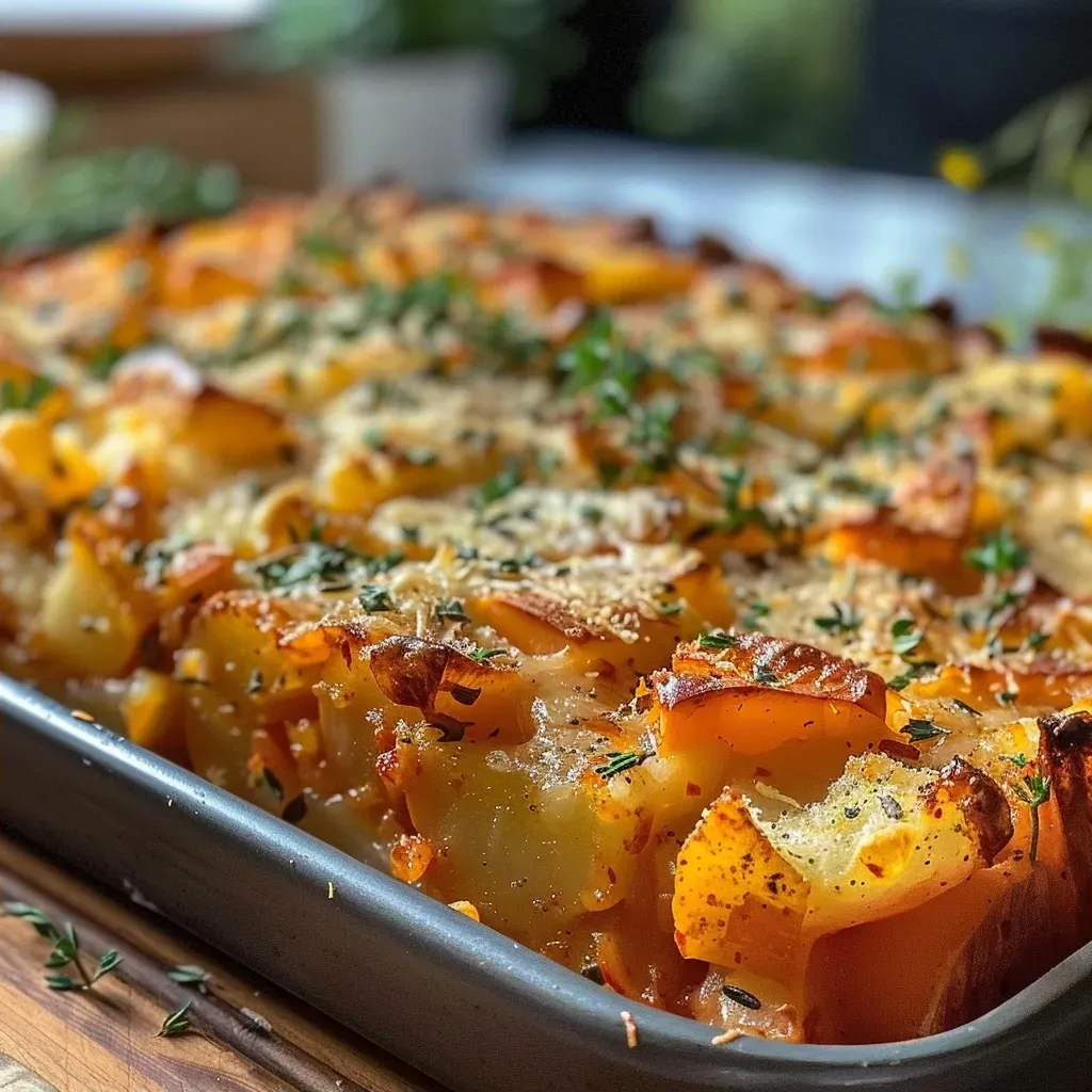 Close-up of a layered Paprika-Kartoffelauflauf with colorful peppers.