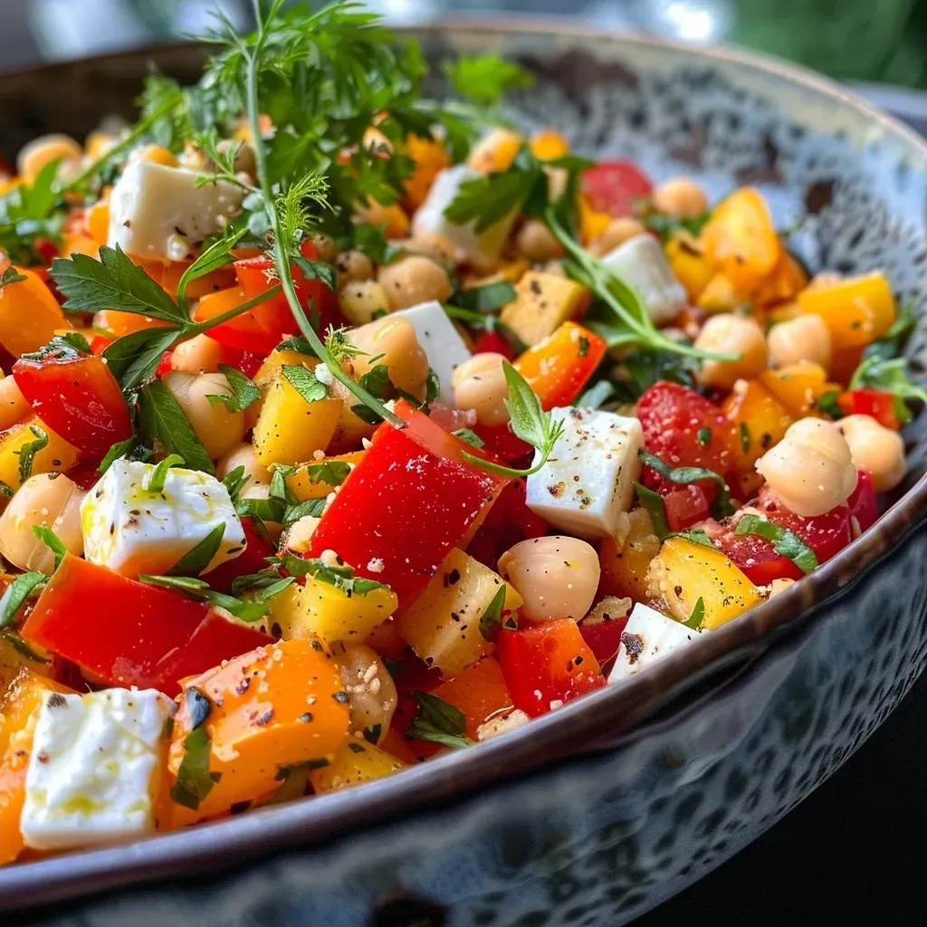 ['A vibrant close-up of a paprika corn salad with feta and yogurt dressing.', 'Side view of a colorful salad featuring red peppers, corn, and crumbled feta cheese.', 'Juicy paprika corn salad topped with feta and creamy yogurt dressing in a bowl.', 'Fresh salad made with red bell peppers, sweet corn, and a light yogurt dressing.']