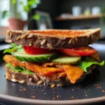 ['A close-up side view of a paprika sandwich showcasing layers of filling.', 'A vibrant paprika sandwich with ingredients visible, including cheese and chicken.', 'A juicy paprika sandwich photographed from the side, emphasizing its textures.', 'A detailed view of a paprika sandwich with leafy greens and colorful paprika.']