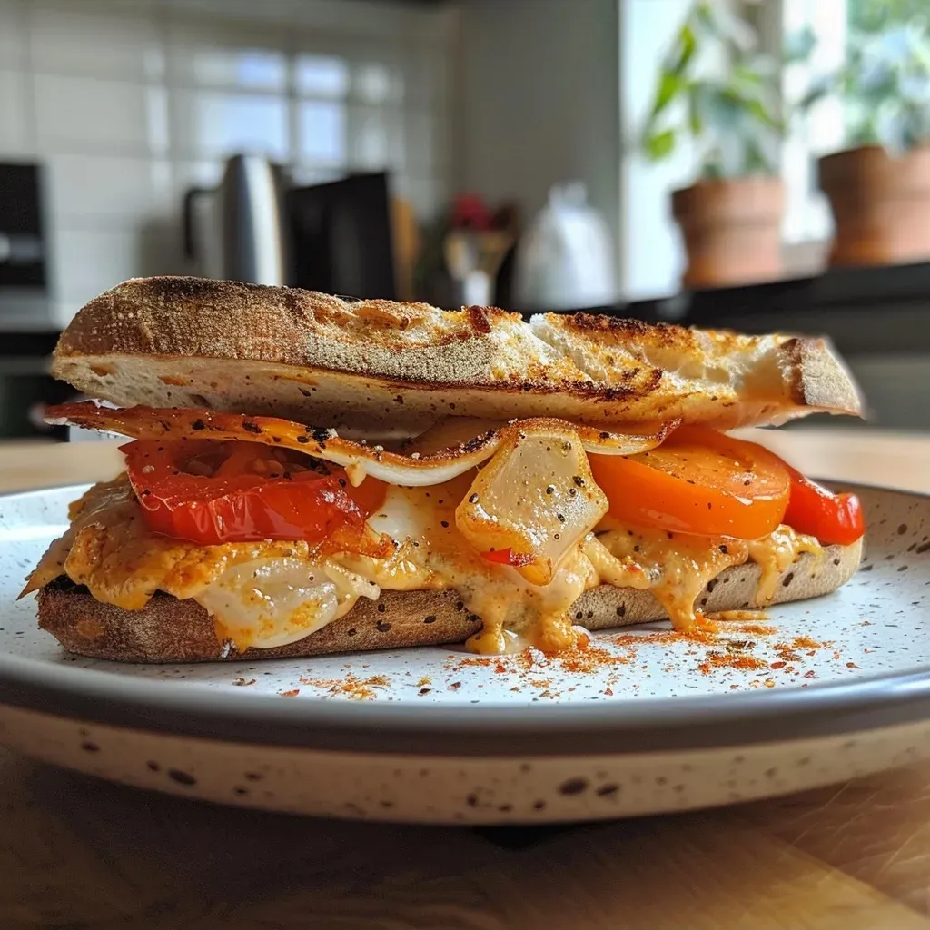 A close-up side view of a paprika sandwich showcasing layers of filling.