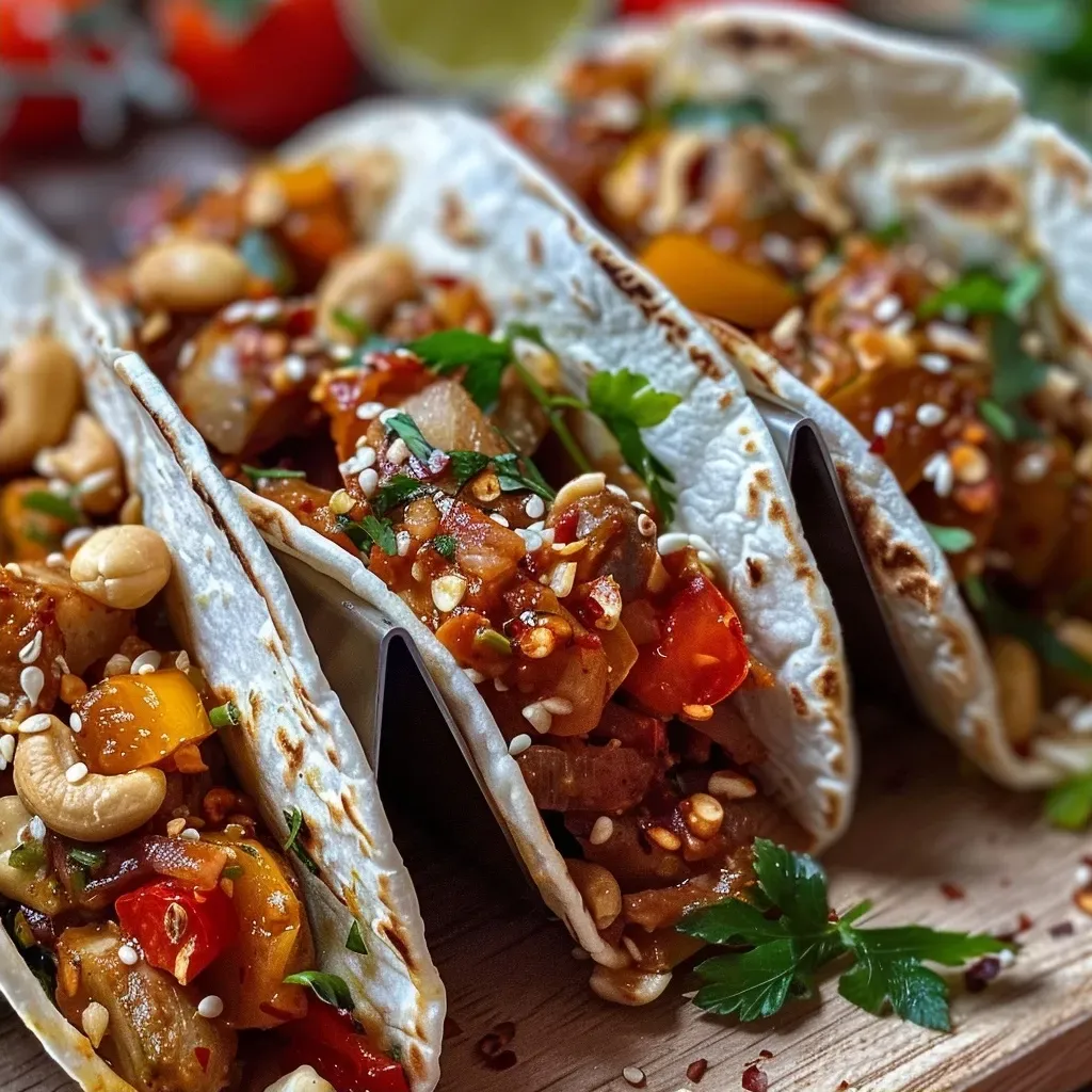 Juicy paprika tacos garnished with coriander on a wooden surface.