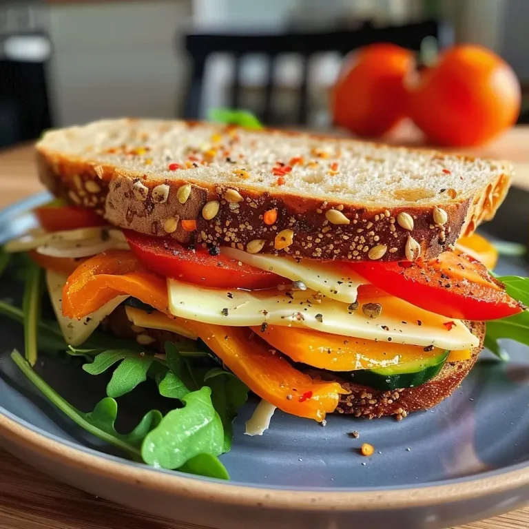 ['Close-up of a delicious Paprika Vollkorn Sandwich showcasing ingredients layered between rustic bread.', 'Side view of a Paprika Vollkorn Sandwich filled with colorful vegetables and savory ingredients.', 'Juicy Paprika Vollkorn Sandwich with vibrant peppers, greens, and cheese, set against a plain background.', 'Detailed view of a sandwich made with paprika, fresh vegetables, and creamy cheese served on whole grain bread.']