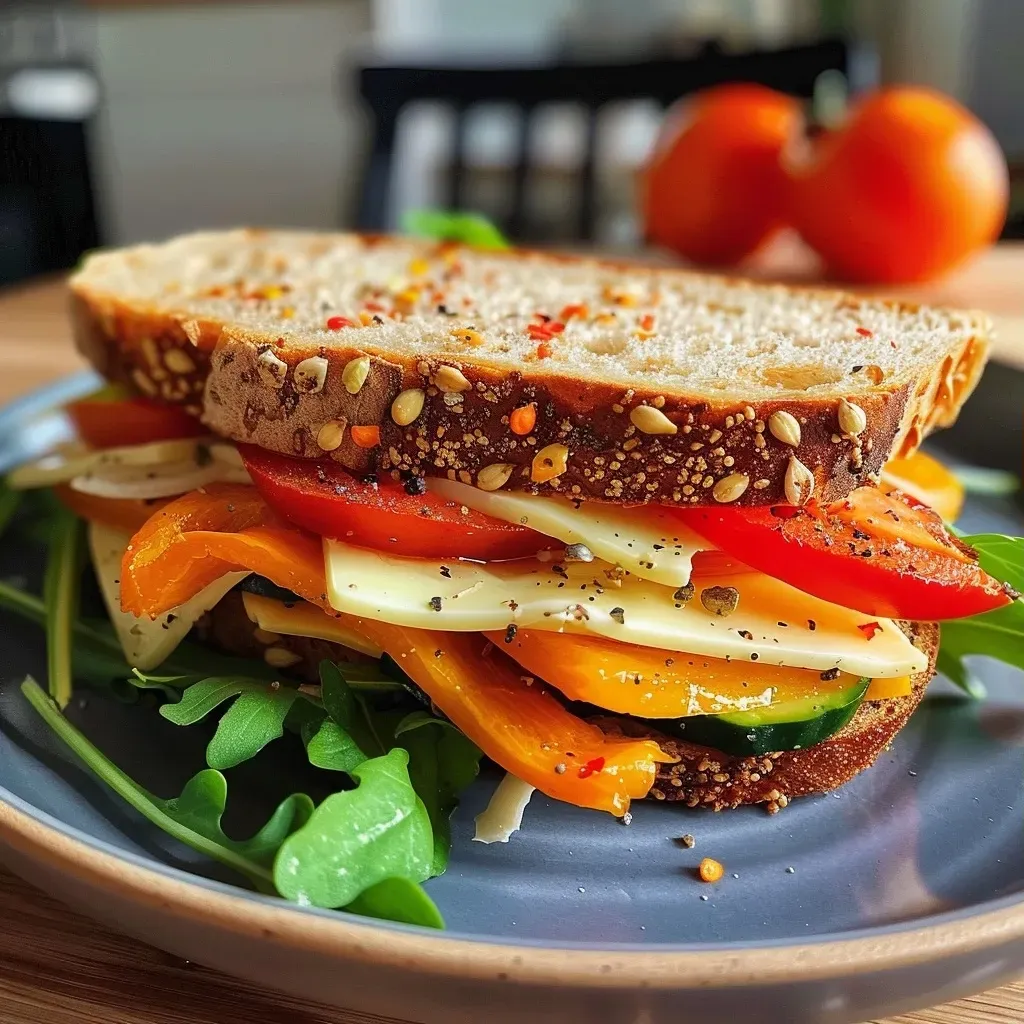 ['Close-up of a delicious Paprika Vollkorn Sandwich showcasing ingredients layered between rustic bread.', 'Side view of a Paprika Vollkorn Sandwich filled with colorful vegetables and savory ingredients.', 'Juicy Paprika Vollkorn Sandwich with vibrant peppers, greens, and cheese, set against a plain background.', 'Detailed view of a sandwich made with paprika, fresh vegetables, and creamy cheese served on whole grain bread.']