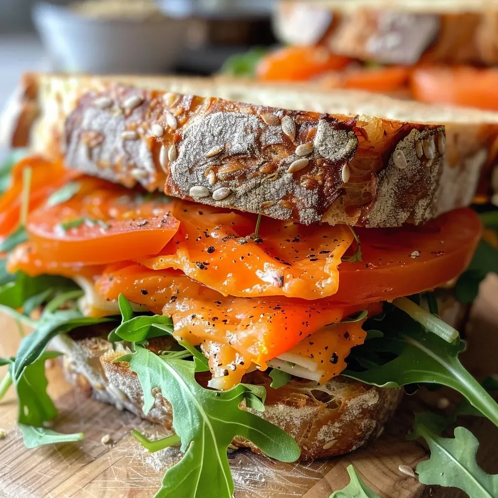 Close-up of a delicious Paprika Vollkorn Sandwich showcasing ingredients layered between rustic bread.