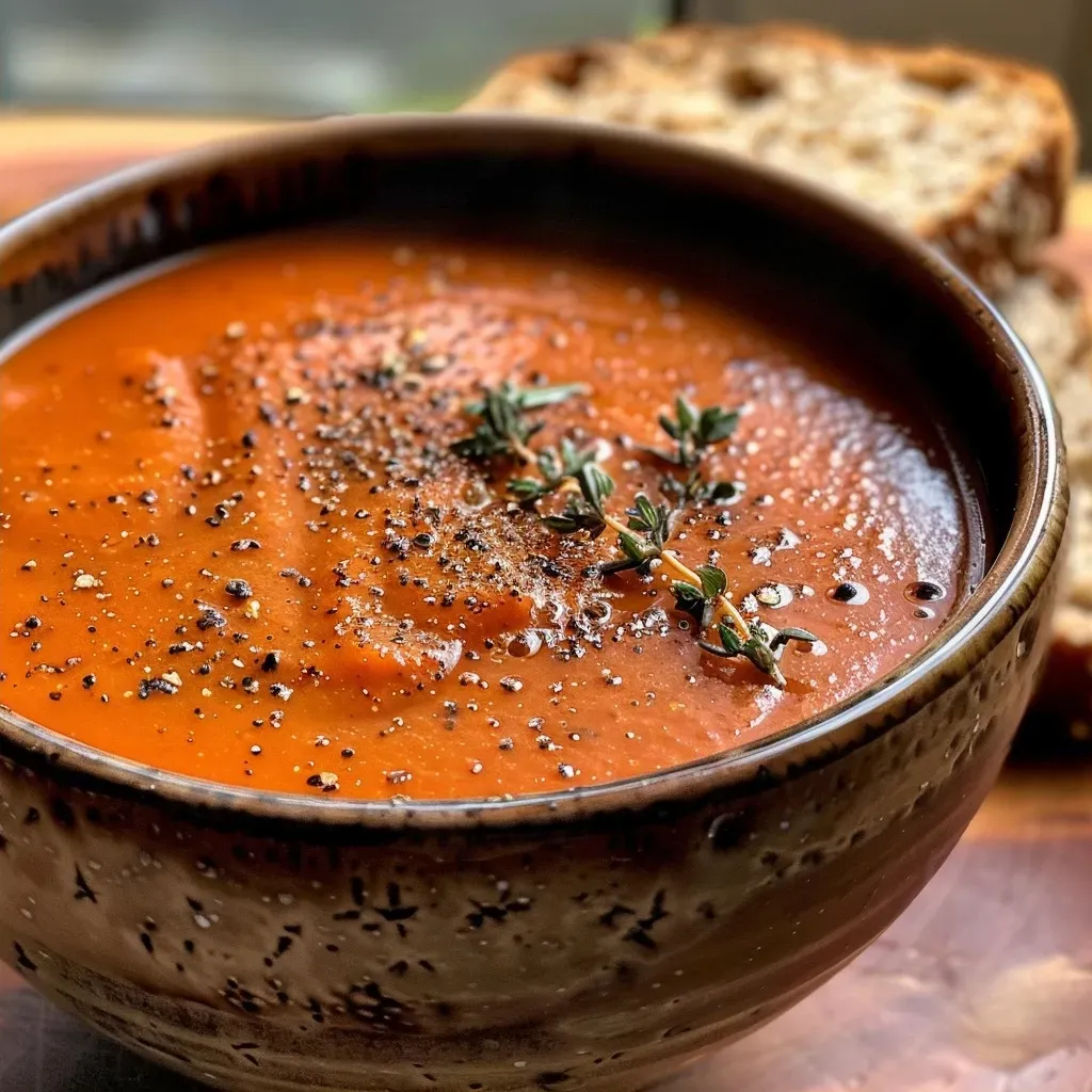 ['A close-up view of a vibrant bowl of Paprikasuppe garnished with fresh thyme.', 'A delicious looking Paprika soup with thyme and vibrant red peppers in a bowl.', 'Side view of a creamy red Paprikasuppe topped with fresh thyme leaves.', 'Close-up of a rich Paprika soup served with thyme and whole grain bread.']