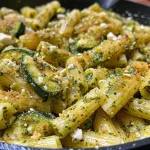 ['Close-up view of a bowl of pasta in creamy zucchini sauce with feta cheese.', 'Side view of a delicious pasta dish featuring chopped zucchini and feta cheese.', 'Tasty pasta served in a light zucchini sauce, garnished with herbs.', 'Appetizing plate of gluten-free pasta topped with zucchini sauce and crumbled feta.']