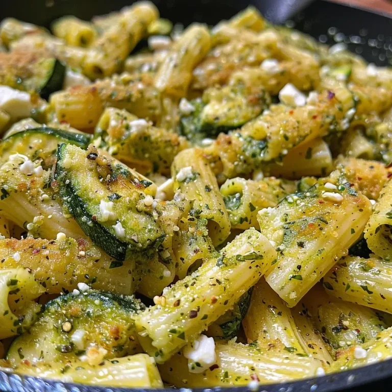 ['Close-up view of pasta coated in creamy zucchini sauce with chunks of feta.', 'Side view of spaghetti served in a rich zucchini sauce, garnished with herbs.', 'Juicy pasta intertwined with zucchini sauce and sprinkled with feta cheese.', 'Plate of pasta featuring zucchini sauce, visible ingredients include zucchini and feta.']