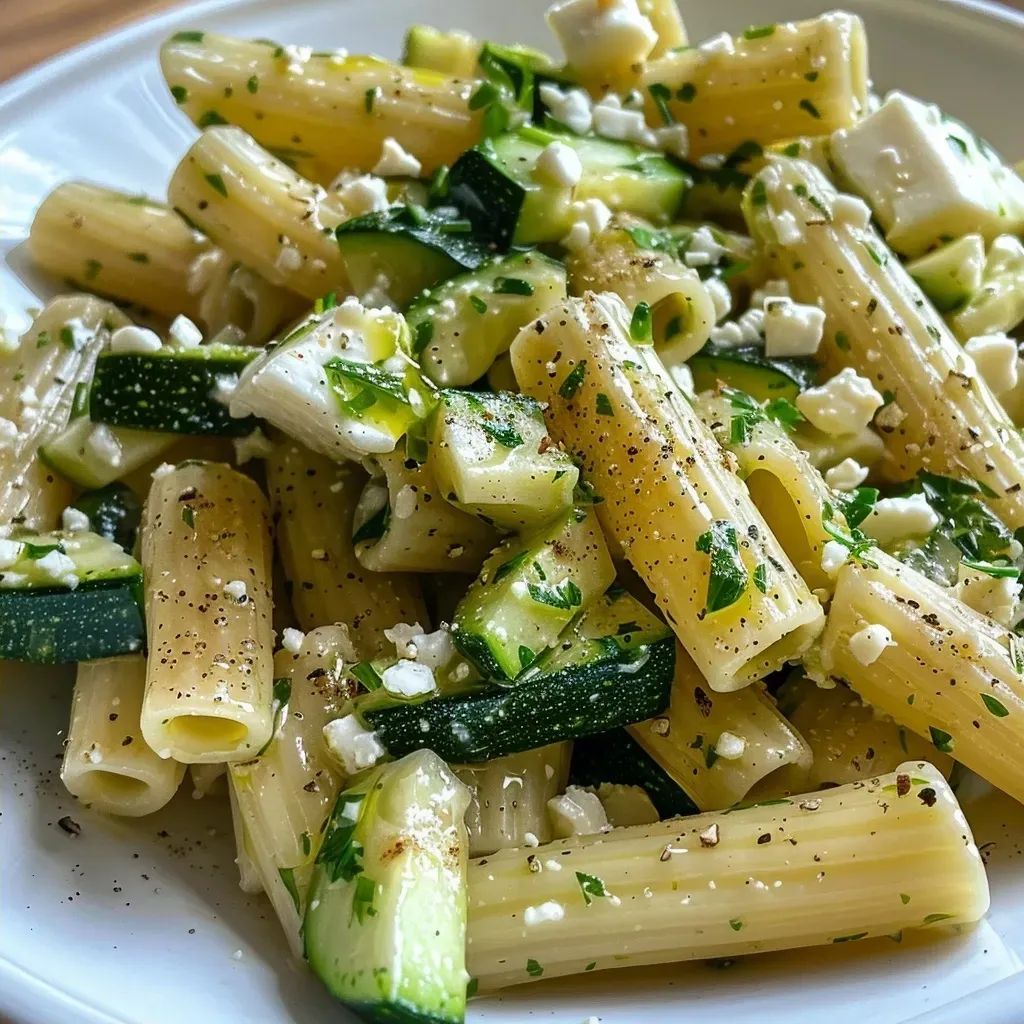 ['Close-up view of pasta coated in creamy zucchini sauce with chunks of feta.', 'Side view of spaghetti served in a rich zucchini sauce, garnished with herbs.', 'Juicy pasta intertwined with zucchini sauce and sprinkled with feta cheese.', 'Plate of pasta featuring zucchini sauce, visible ingredients include zucchini and feta.']