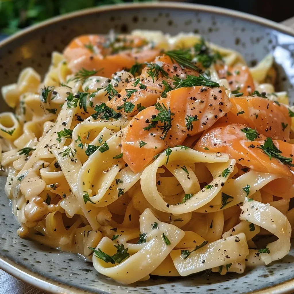 Close-up of creamy pasta with salmon and herbs.