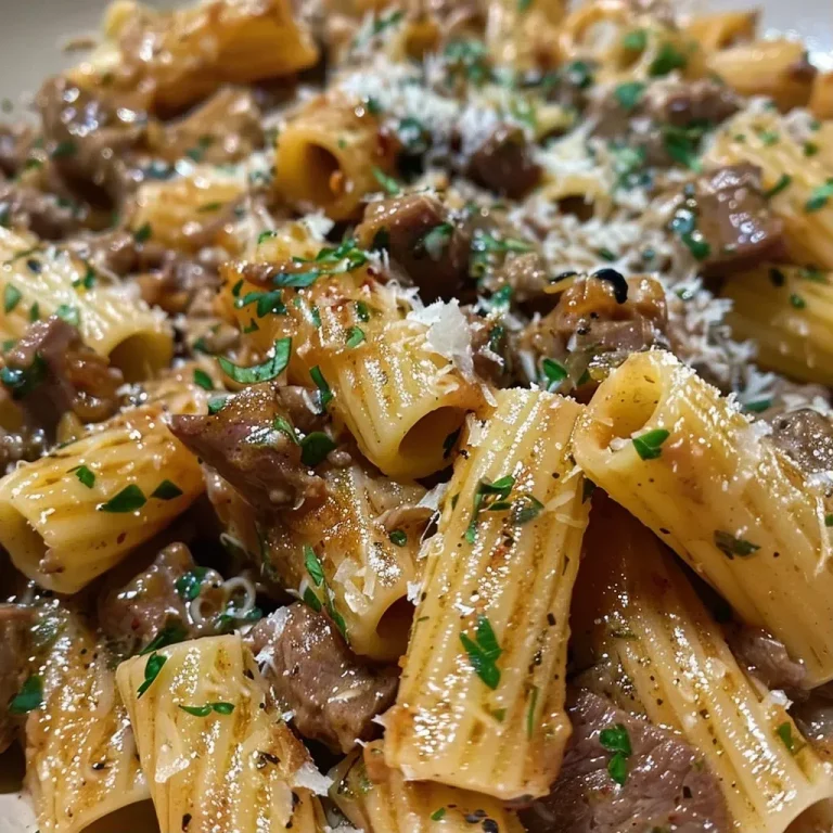 ['A close-up view of pasta topped with a creamy beef sauce and sprinkled with grated Parmesan cheese.', 'A delicious plate of Rigatoni coated in rich Rindfleisch sauce, showcasing its texture and garnishes.', 'Juicy pasta in a savory beef sauce, featuring a generous layer of Parmesan on top.', 'A side view of pasta served with a hearty ground beef and cream sauce, highlighting fresh parsley.']
