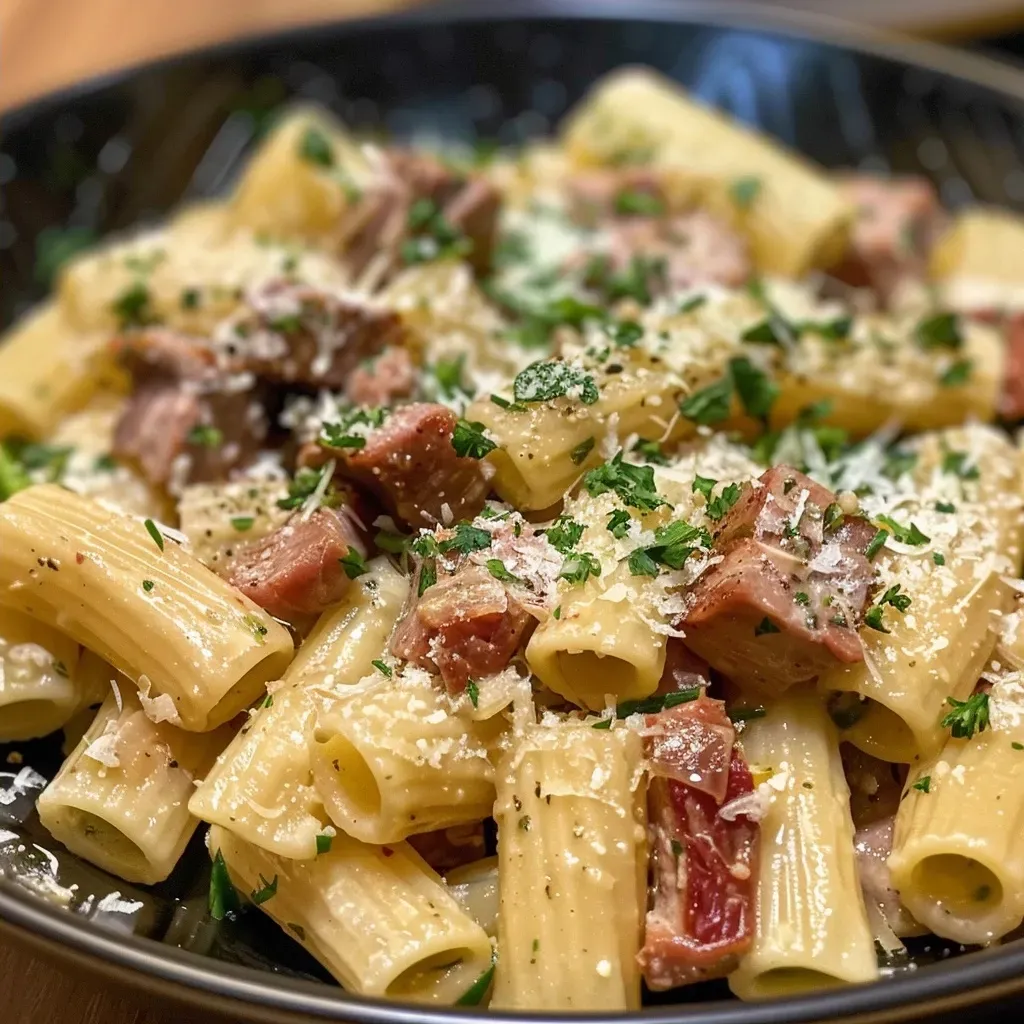 A close-up view of pasta topped with a creamy beef sauce and sprinkled with grated Parmesan cheese.
