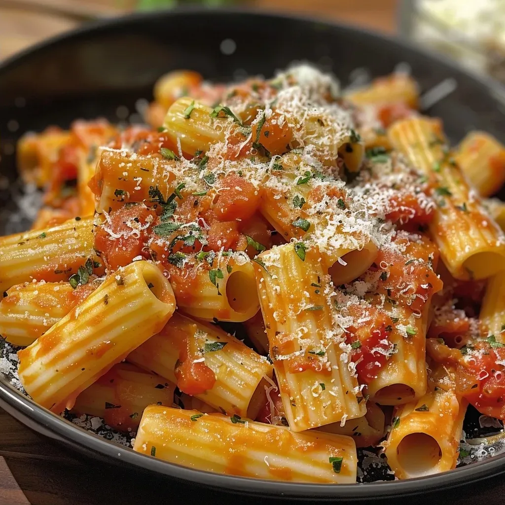 Close-up of a bowl of Pasta Napoli featuring tomato sauce and herbs.