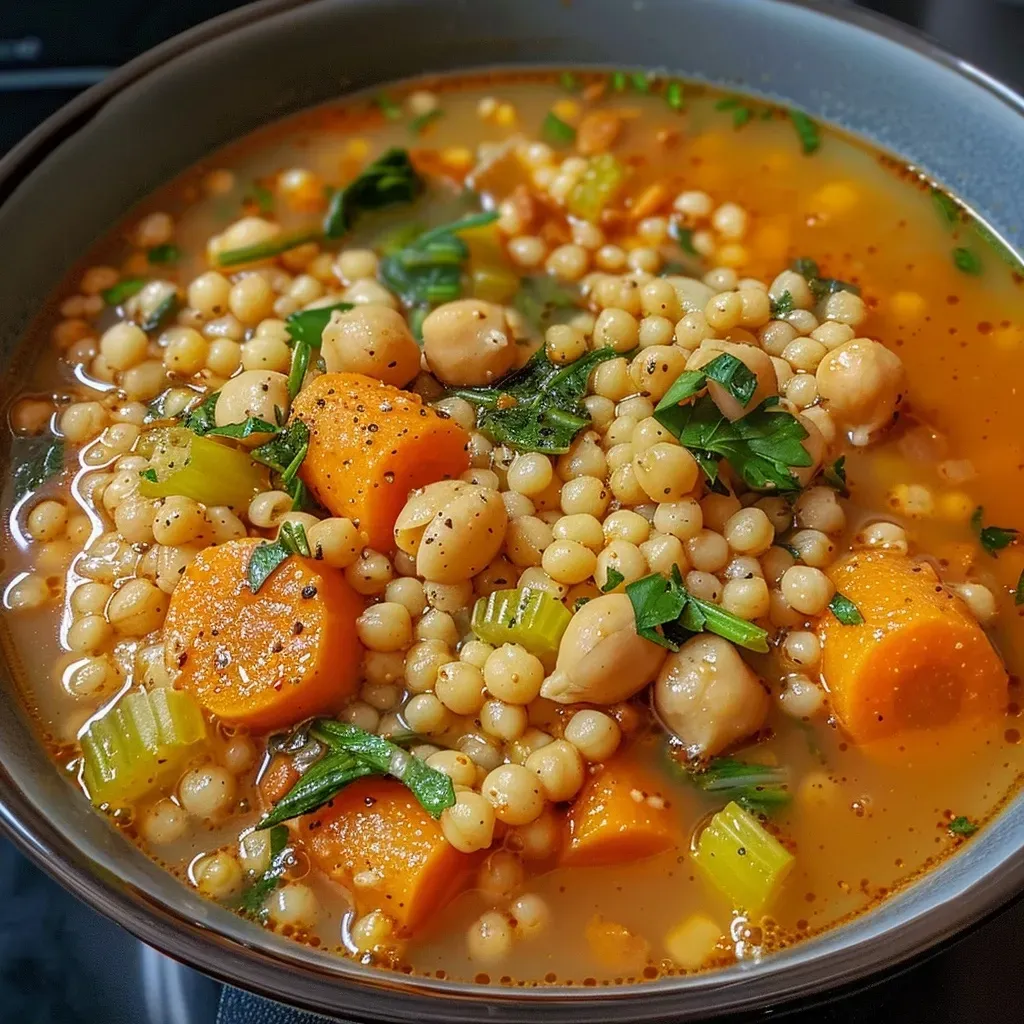 ['A close-up view of a bowl of pearl couscous soup with vegetables.', 'Side angle photo showcasing a hearty pearl couscous soup filled with greens and spices.', 'Detailed image of pearl couscous soup featuring diced vegetables and chickpeas.', 'Vibrant close-up of a steaming bowl of pearl couscous soup with fresh spinach.']