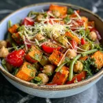 ['A close-up view of a pesto chickpea bake filled with colorful vegetables and melted cheese.', 'Side view of a baked dish featuring chickpeas, sweet potatoes, and kale topped with pesto and cheese.', 'A vibrant pesto chickpea bake showcasing red bell peppers, cherry tomatoes, and green beans in a casserole dish.', 'A hearty serving of pesto chickpeas bake, revealing layers of vegetables and gooey cheese from a side angle.']
