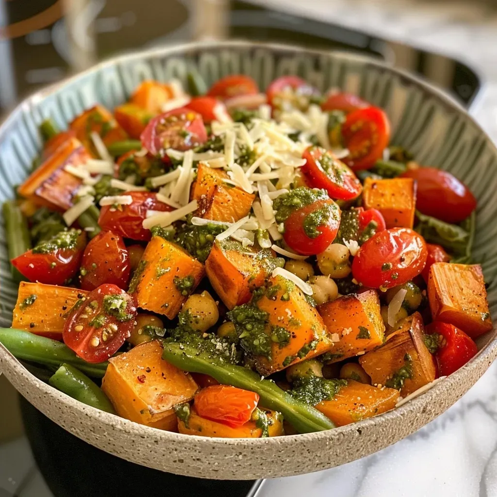 ['A close-up view of a pesto chickpea bake filled with colorful vegetables and melted cheese.', 'Side view of a baked dish featuring chickpeas, sweet potatoes, and kale topped with pesto and cheese.', 'A vibrant pesto chickpea bake showcasing red bell peppers, cherry tomatoes, and green beans in a casserole dish.', 'A hearty serving of pesto chickpeas bake, revealing layers of vegetables and gooey cheese from a side angle.']