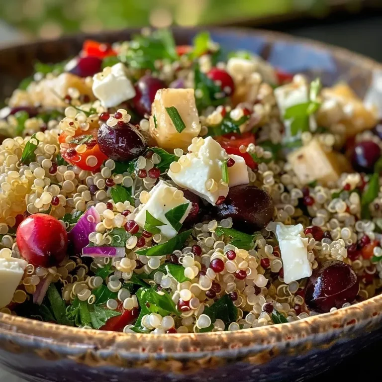 ['Close-up of a vibrant quinoa salad featuring cranberries and feta, with a sprinkling of herbs.', 'A side view of a colorful salad made with quinoa, cranberries, and crumbled feta cheese in a bowl.', 'Juicy quinoa salad with red cranberries and creamy feta, garnished with green onions and parsley.', 'Detailed shot of Preiselbeer Quinoa Feta Salad, showcasing the texture of the ingredients and fresh herbs.']